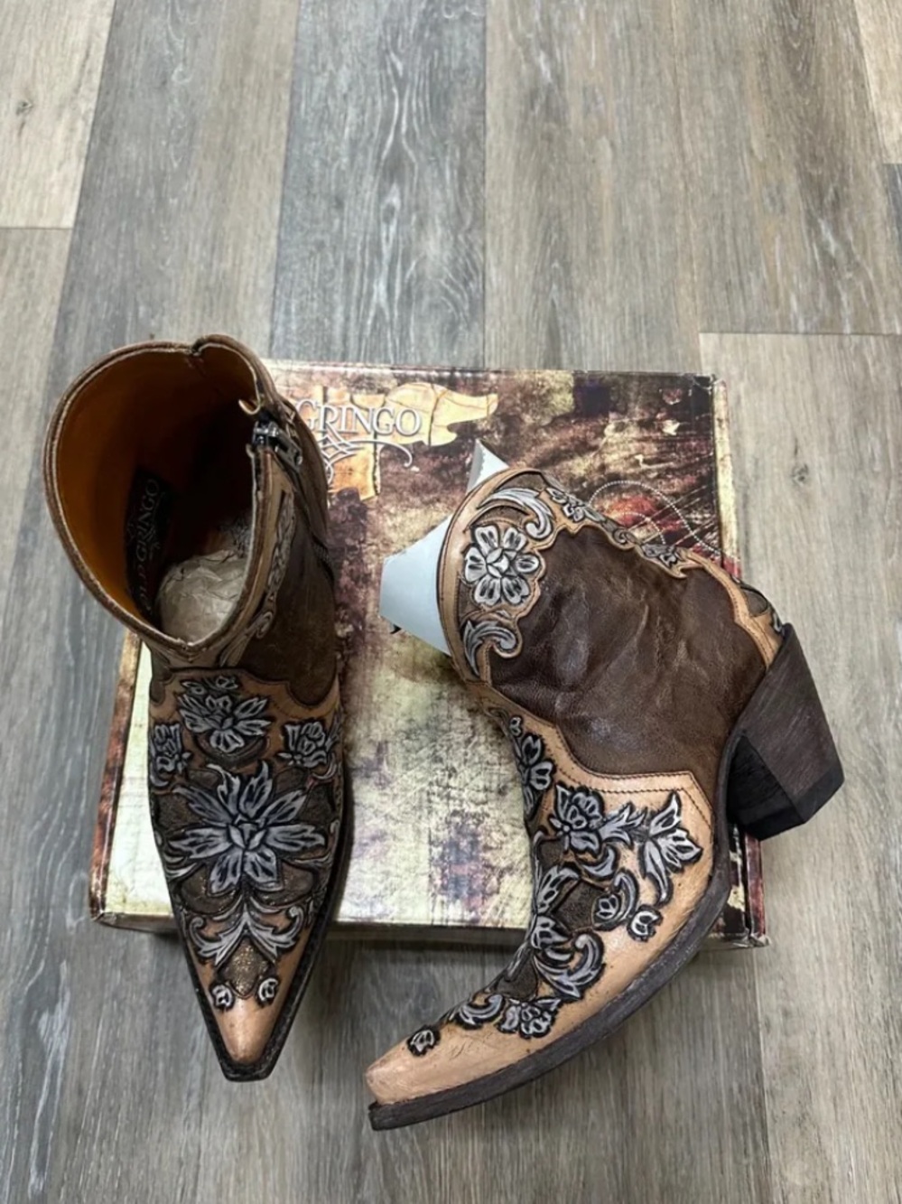 Old gringo aster in brass bone hand tooled floral ankle  boots RTL $698 8